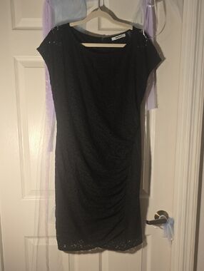 DKNY Black Lace Ruched Midi Dress